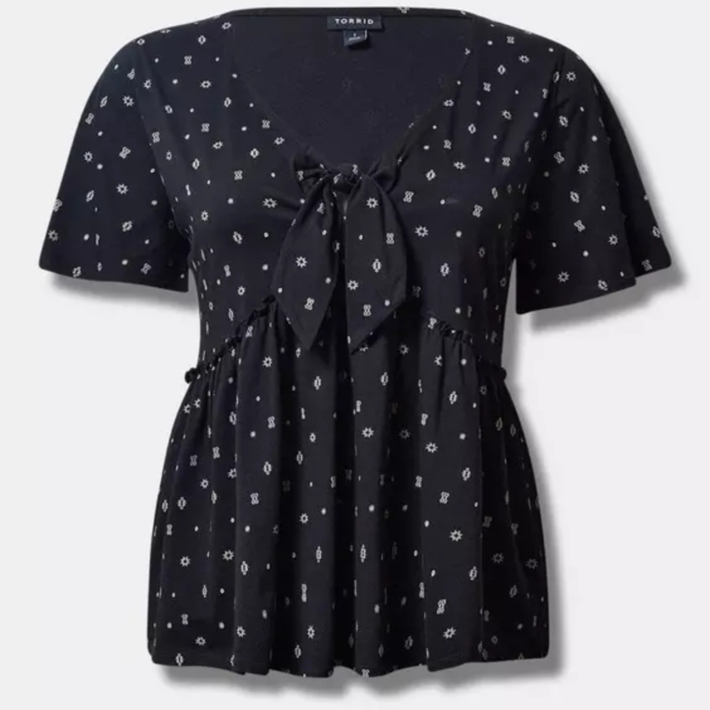 Torrid Vintage Cotton Tie Front Deep Black Geometric Design Top